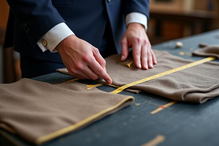 Mains d'un tailleur mesurant un tissu pour un costume sur mesure avec des accessoires de couture